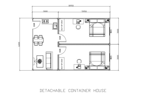 BOX SPACE struttura modulare in acciaio telaio contenitore casa 3 camere da letto con cucina e soggiorno